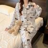 French Aesthetic Cartoon Letter Dog Print Women's Pajamas Set Plaid Button Cute Fashion Sleepwear Casual Nightwear