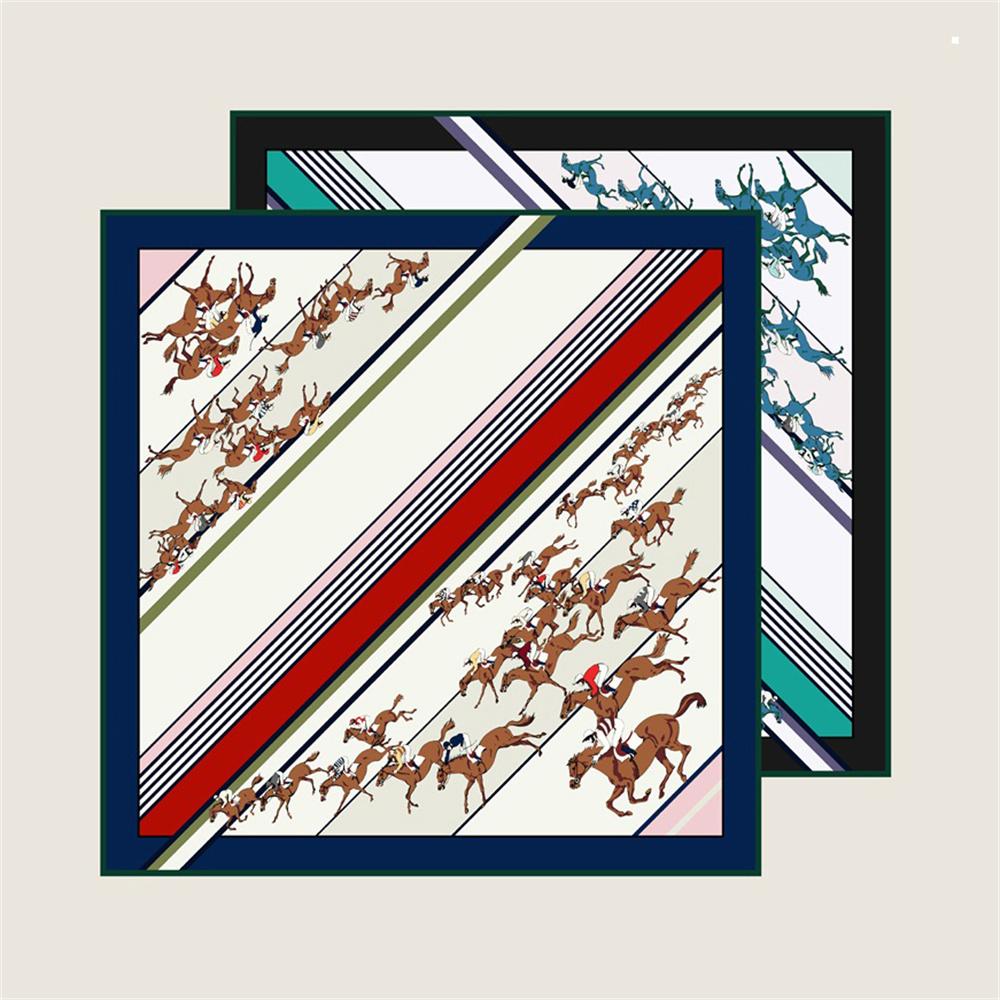 POBING Manual Hand Rolled Twill Silk Scarf Women Horse Double Print Square Scarves Wraps Echarpes Foulards Femme Hijab 90CM