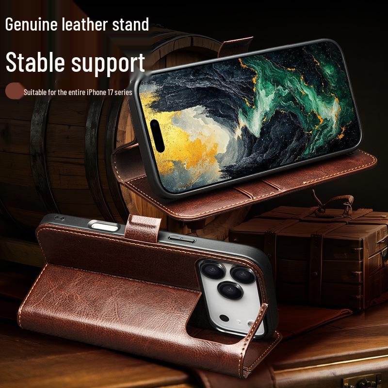 Chali Shi Чехол-книжка из натуральной кожи для iPhone 17 Pro Max с магнитной застежкой, подставкой Air и слотом для карт