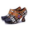 Retro Plaid Patchwork Comfortable High Heels Genuine Leather Rivet Fashion Women's Pumps