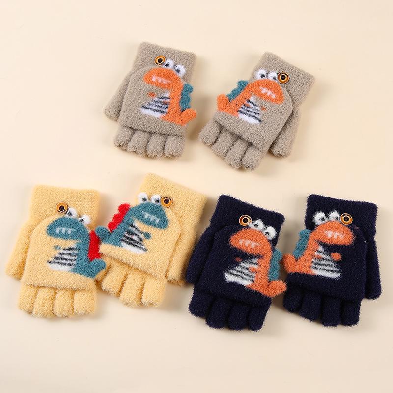 Детские милые мультяшные перчатки с динозаврами: Теплая шерстяная полупальто для зимы
