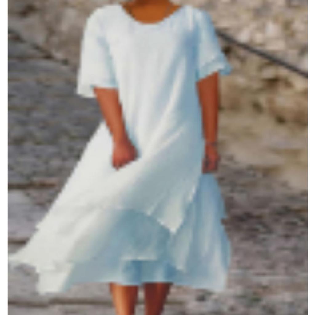 Plus Size Women's Bohemian Double Hem A-line Dress - Short Sleeved Round Neck Casual Vacation Dress, Beach Dress, Soft and Elegant Material