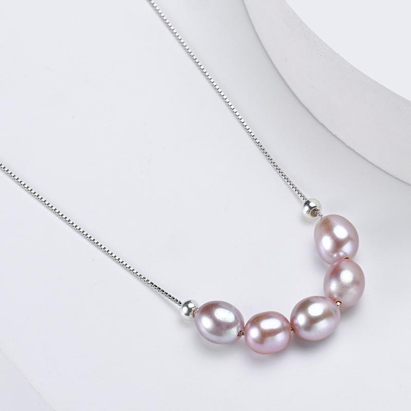 HENGSHENG 6-7mm Pearl White Pink Purple Smile Chain 925 Sterling Silver Fine Cute Fashion Pendant Necklace Women Girls Jewelry