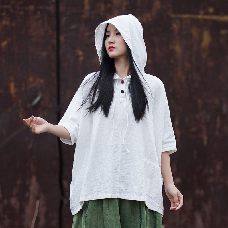 Johnature Women Vintage Ramie Hooded Top Half Sleeve Solid Color Tees Summer Loose Pockets Button Women T-shirts