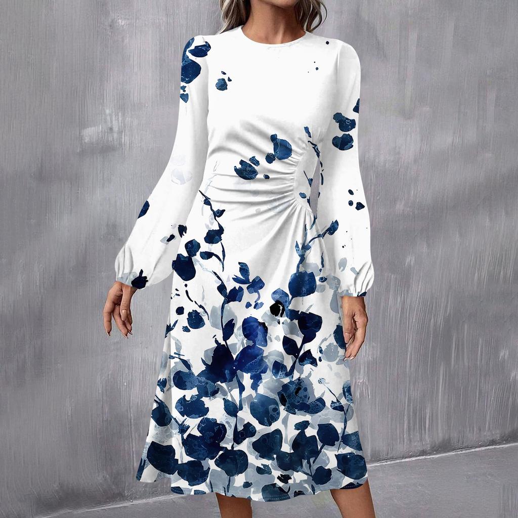 Women's Fashion Casual Print Round Neck Long Sleeve Midi Dress