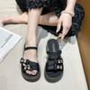 2025 New Muffin Thick-bottomed One-word Slippers Women's Summer Wear Heightening Fairy Style with Skirt Bow Sandals
