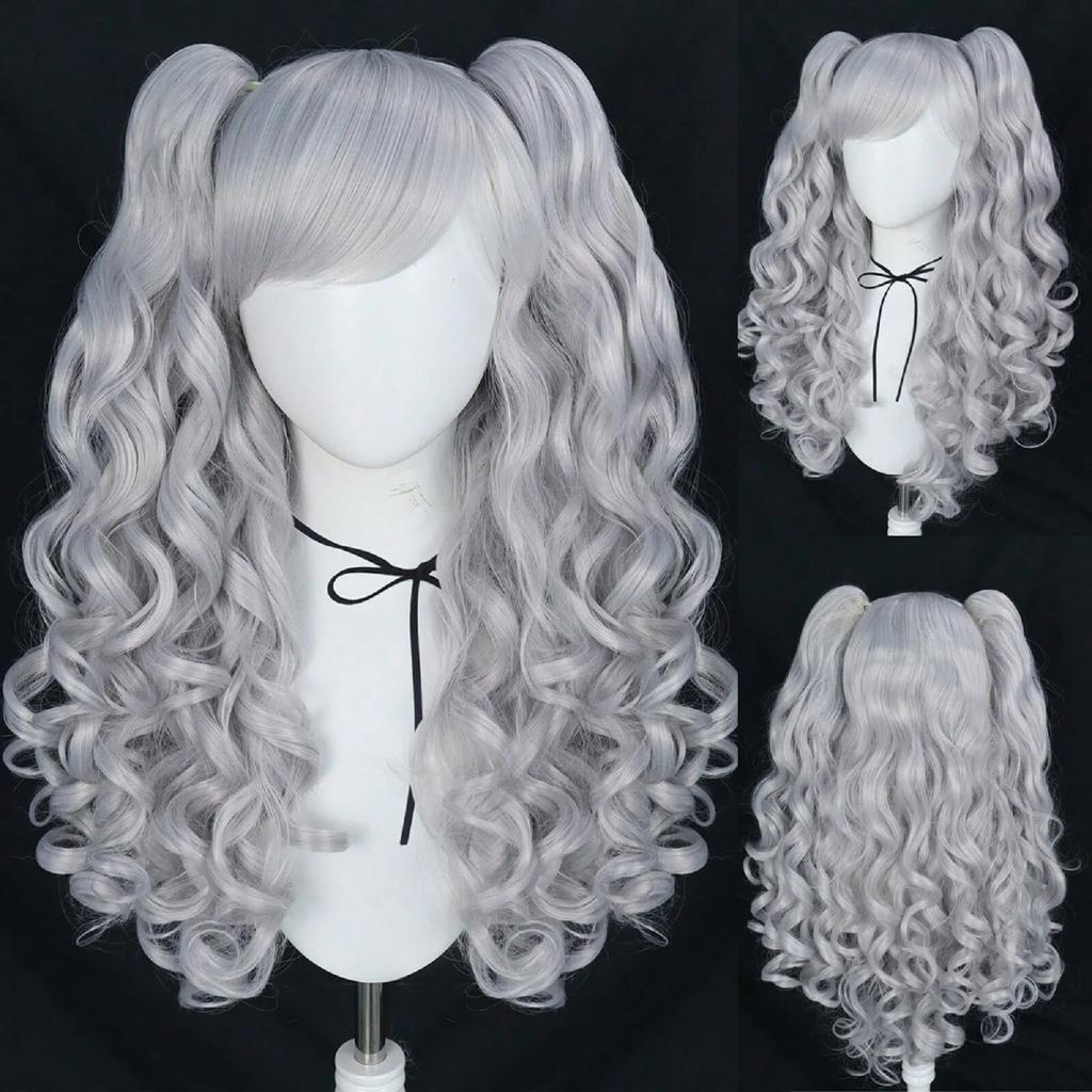 Парик для косплея Синтетический длинный цветной вьющийся парик для косплея Лолиты для девочек с двойными хвостиками и 1 шапочкой для парика