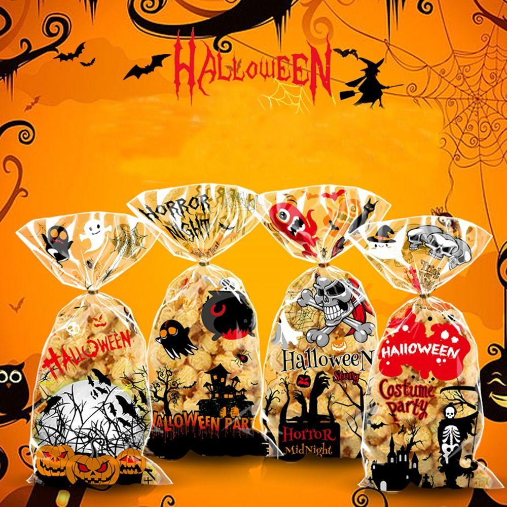 50pcs Trick or Treat Halloween Candy Bags Transparent Cellophane Pack Gift Bags  Kids Party Favors
