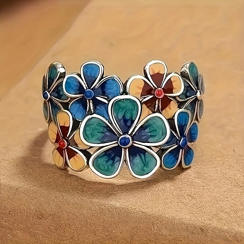 Bohemian style 925 sterling silver flower ring for women, vintage ethnic handmade fashion jewelry