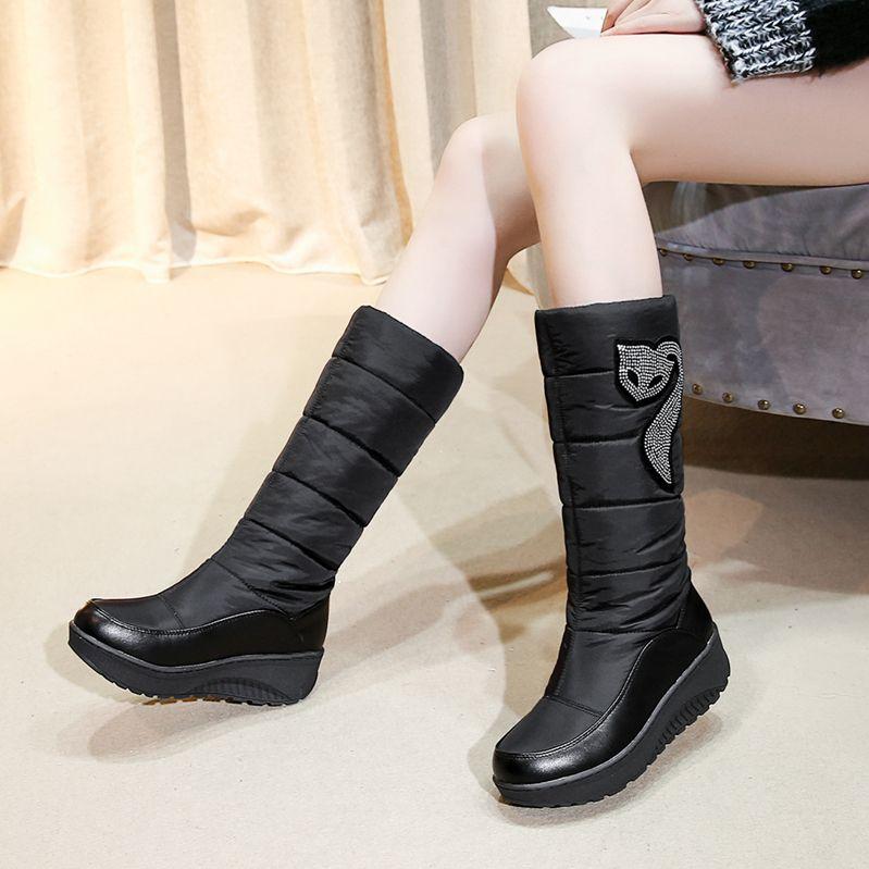 Winter Women Platform Snow Boots Crystal Fox Black Brown Down Plush Casual Travel Lady Round Toe Wedge Heels Mid-calf Boots