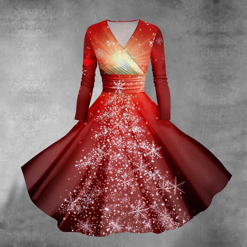 Женское облегающее платье свободного кроя с принтом рождественской елки и снежинок, V-образным вырезом и длинными рукавами