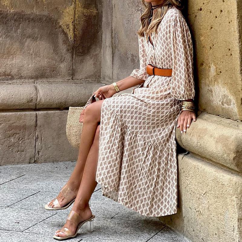 QICED Осенне-зимнее модное длинное платье с v-образным вырезом и принтом на поясе