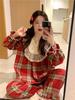 Корейская пара красная клетка кружево длинный рукав пижама