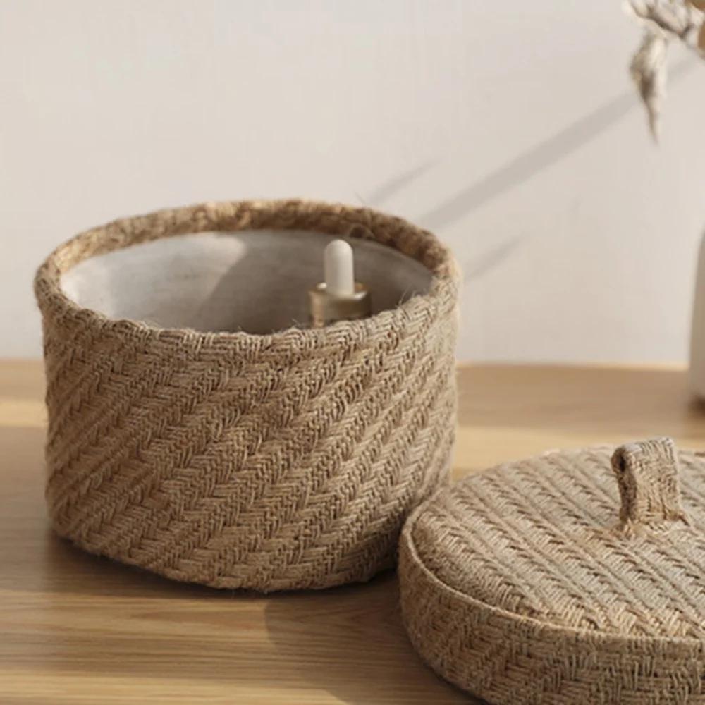 Weaving Snack Storage Box Jute Sundries Storage Baskets With Lids Wardrobe Table Round Gift Box Wicker Seagrass Flower Pot