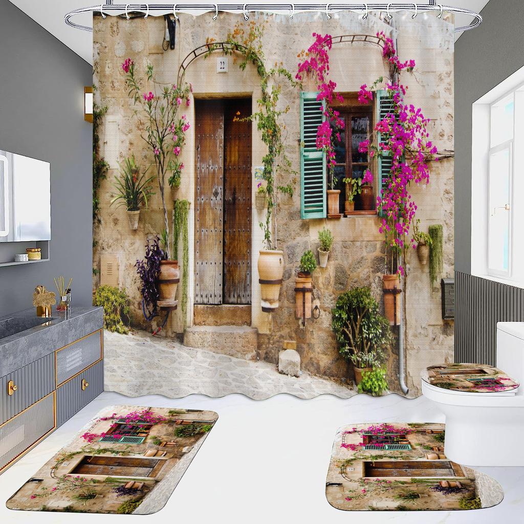 4 шт., наборы занавесок для душа в европейском стиле с архитектурой замка Мандала для ванной комнаты, нескользящие коврики для ванной комнаты, крышка для унитаза, коврик для ванной