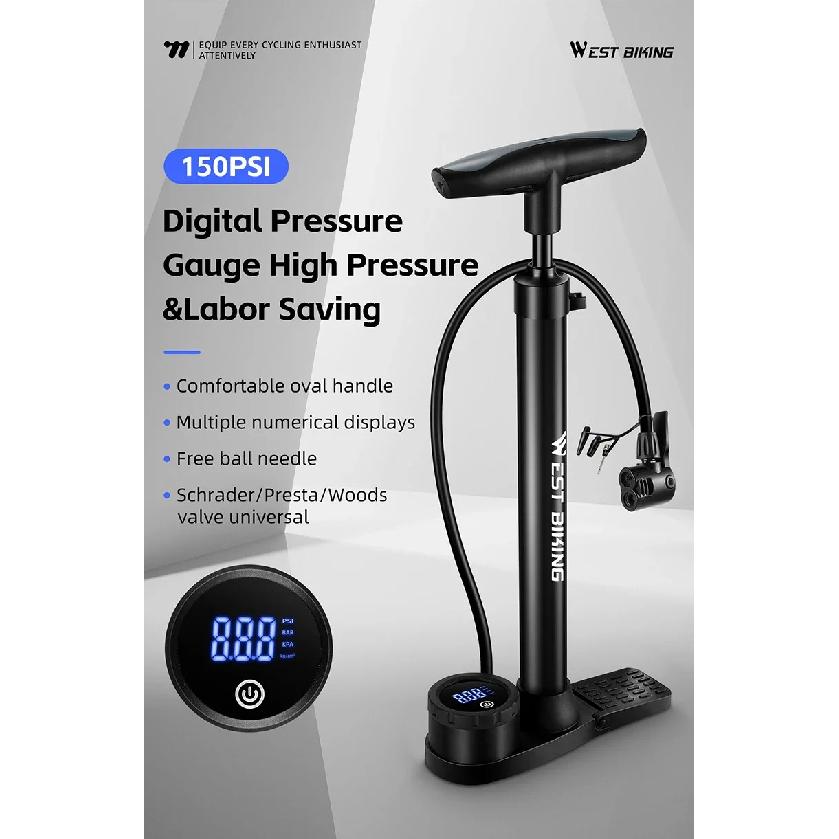 WEST BIKING 150PSI Bike Air Pump Foldable Digital MTB Road Bike Ball Tire Inflator Schrader Presta Valves Cycling Pump
