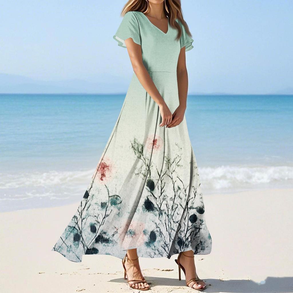 Женские повседневные модные длинные платья с принтом, платья с V-образным вырезом и коротким рукавом