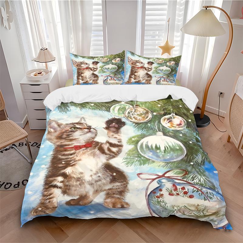 3Pcs Kitten Christmas Ornaments Bedding Sets For All Sizes New 3D Printed Bed Cover Comforter Duvet Cover Pillowcase Bedroom Decoration