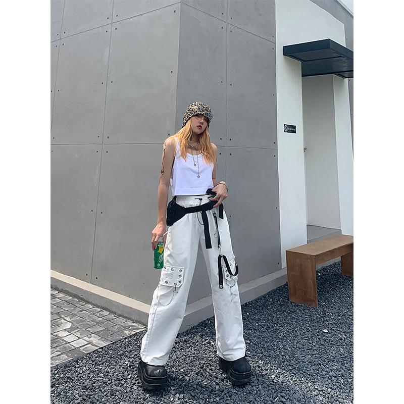 Черные брюки-карго в стиле Харадзюку, женские брюки-карго в готическом стиле с цепочкой, белые широкие брюки, женские хиппи, уличный стиль, эмо-торговый центр, гот