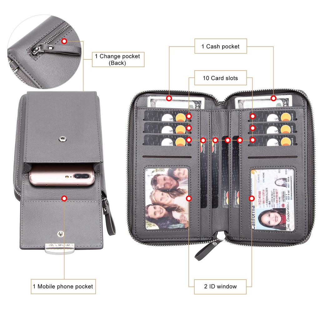 KUKOO Маленькая сумка кроссбоди Кошелек для мобильного телефона со слотом для кредитной карты на молнии Улучшенная женская, A-Серый вариант, один размер