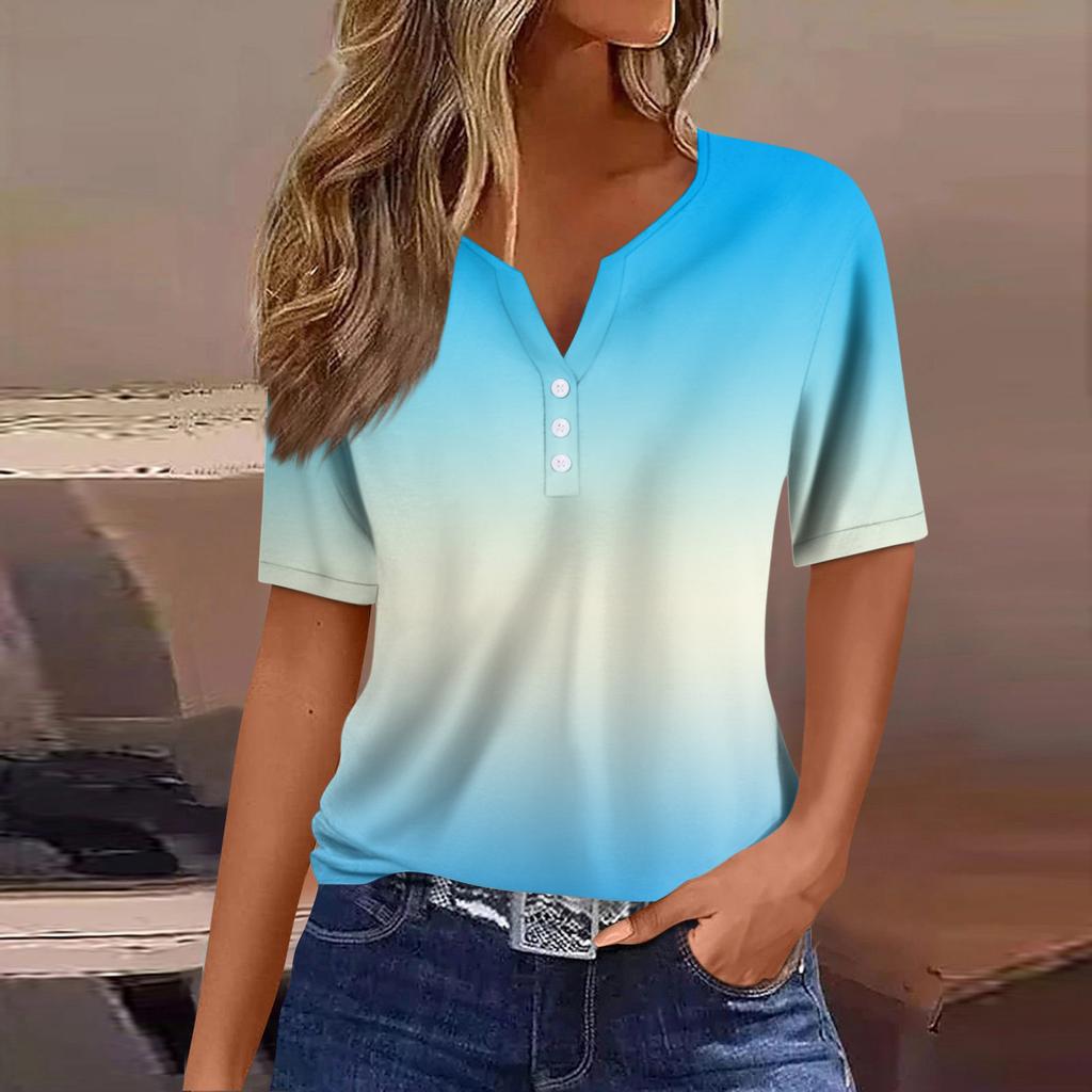 Women's Fashion Casual Vintage Gradient V-Neck Short Sleeve Decorative Button T-Shirt Top
