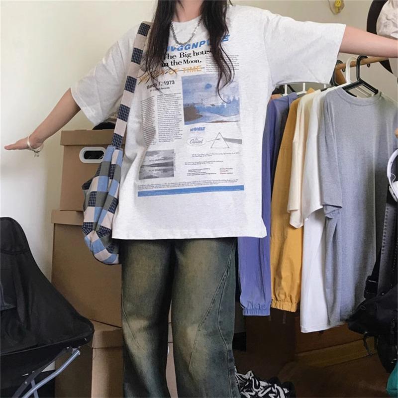 Женская американская ретро-футболка из чистого хлопка свободного кроя с коротким рукавом