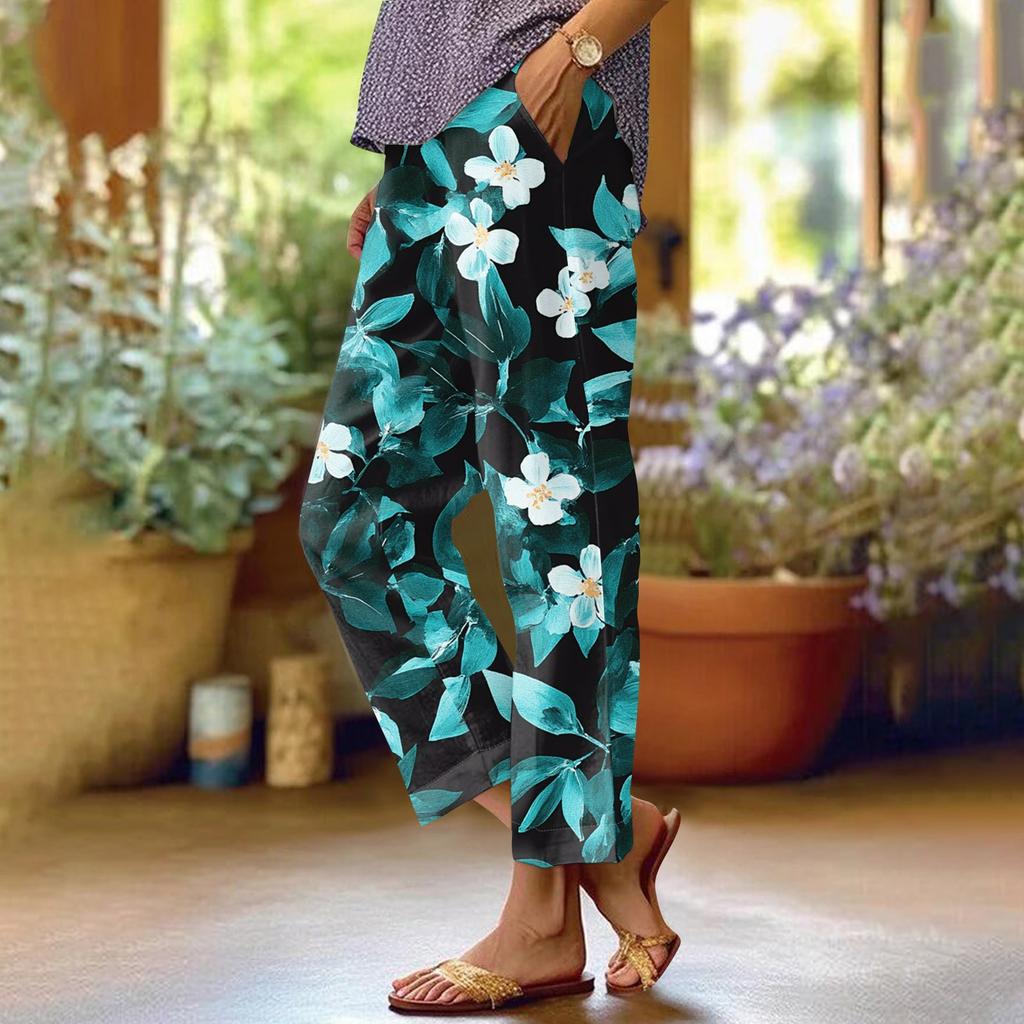 Women's Fashionable Floral Print Straight Leg Pocket Elastic Waist Casual Pants Pants