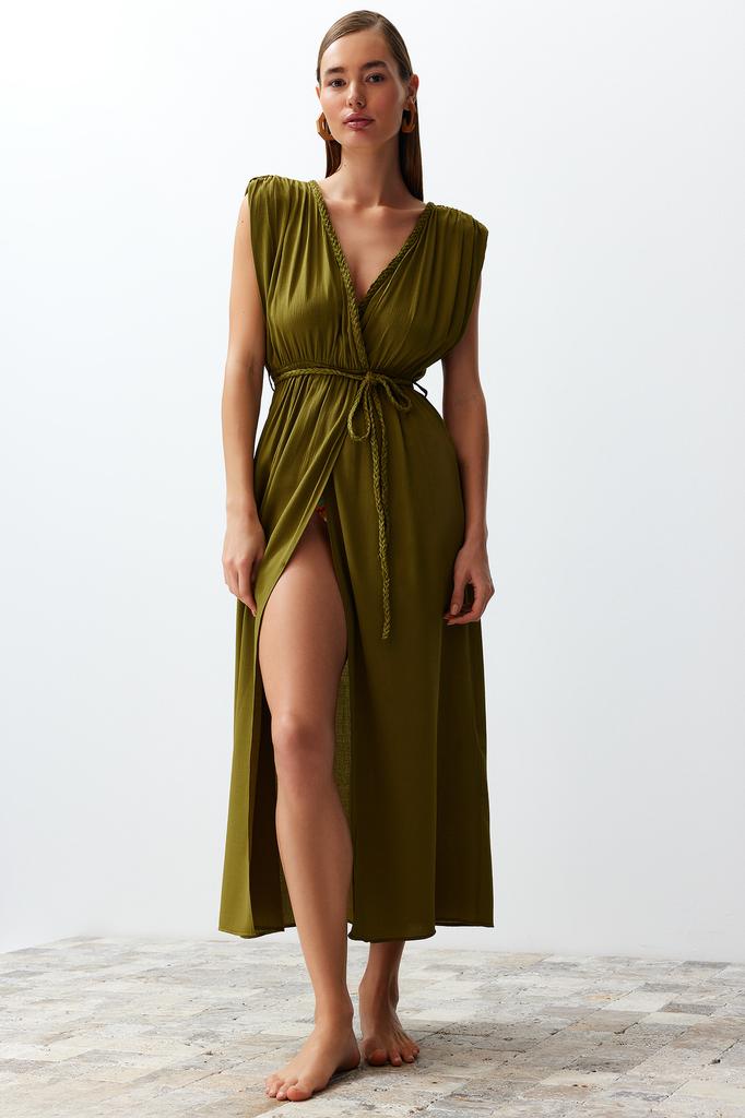 Women's Fashion New Dress Green Maxi Woven Slit Beach Dress