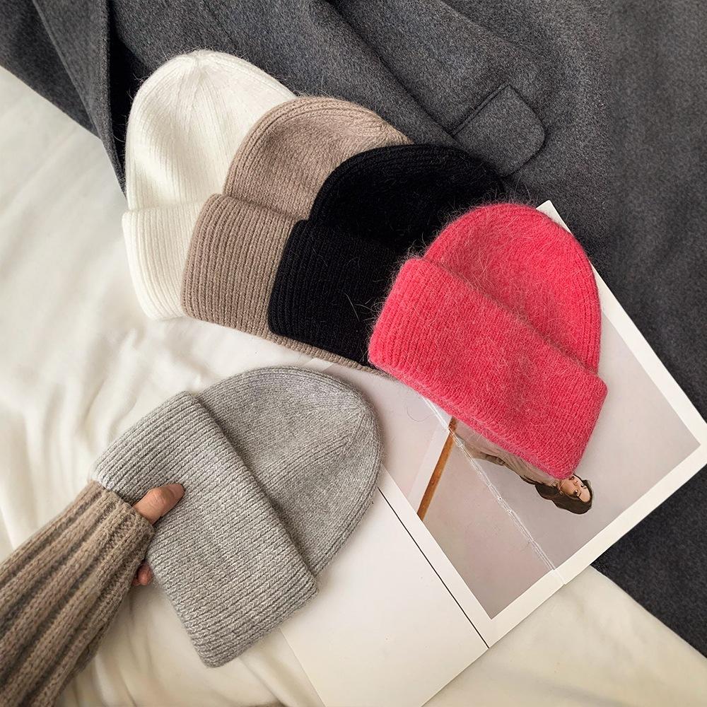 Fluffy Angora Hat Rabbit Fur Warm Winter Hat for Womans Cashmere Wool Soft Beanies Blue Knitted Hat Outdoor Ski Female