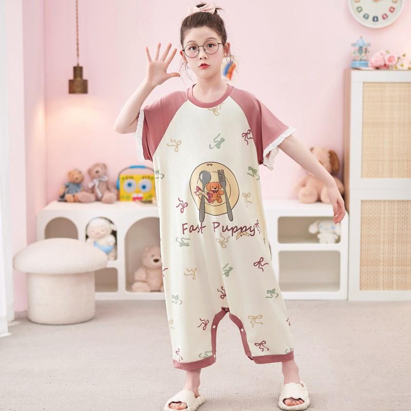 Tencel Kids Pajama Set Girls Lightweight Cartoon Print Romper Sleepwear