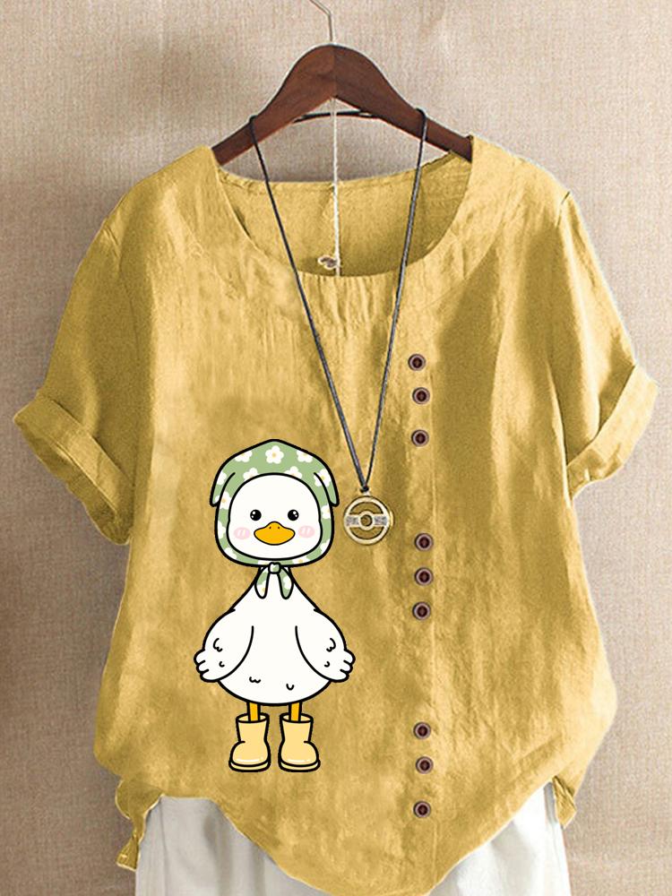 Women's Fashion Cute Duck Print Shot Sleeve T-shirt Loose Cotton Shirt Casual Loose Summer Blouse Tops Plus Size