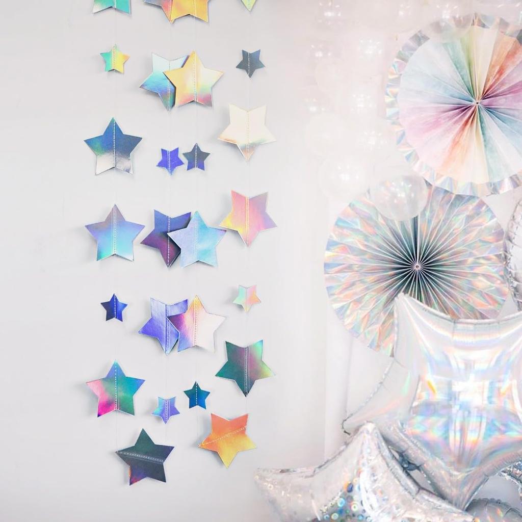 Iridescent Glitter Mixed Star Paper Garland Banner Décor 40 Feet Mixed Little and Large Twinkle Star Hanging Bunting Banner Backdrop for Wedding
