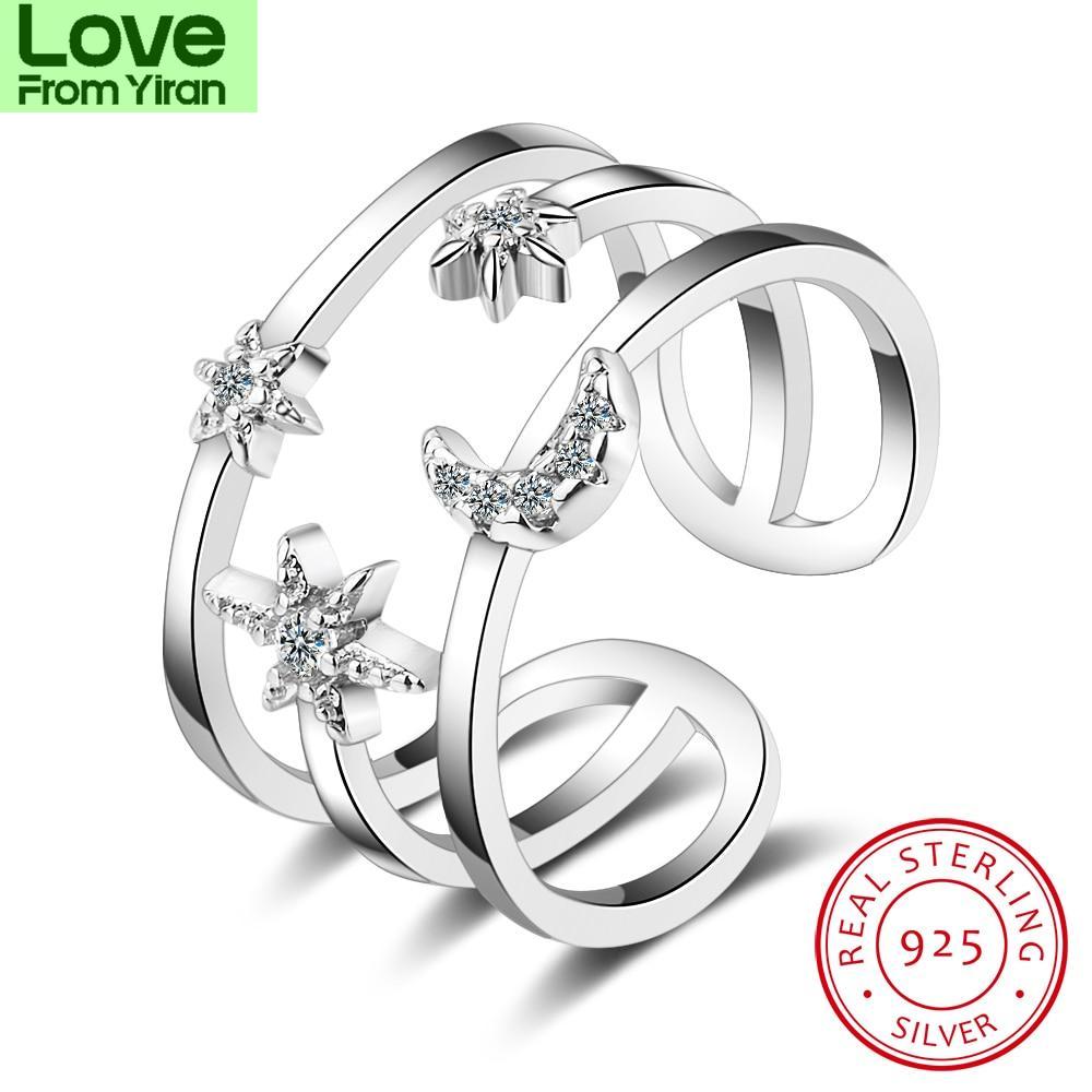 100 %Real Pure 925 Sterling Silver Crystal Moon Star Double Layer Rings For Women Ladies Statement Jewelry Wedding Finger Ring