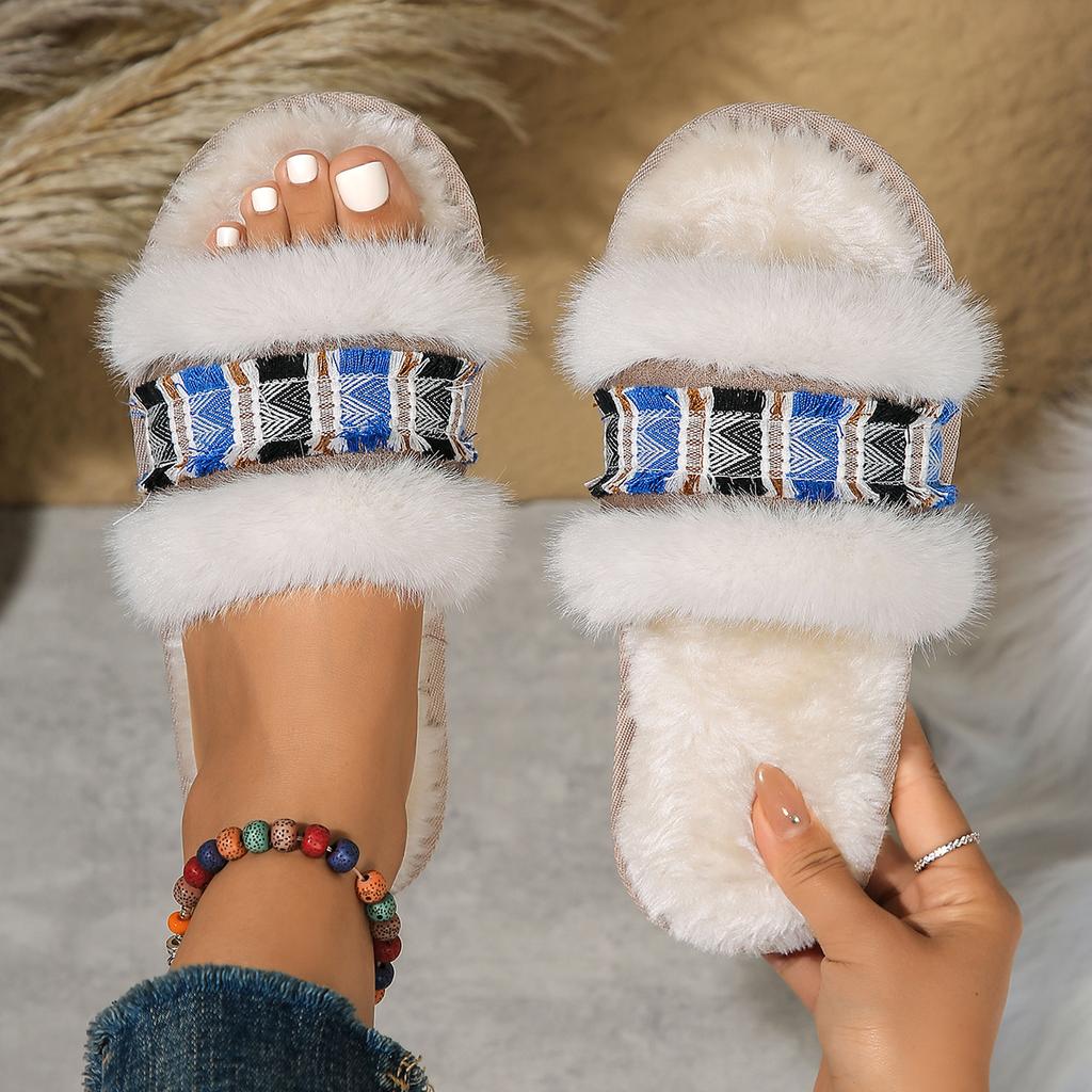 2024 Female Flat Fur Slides Design Women Home Slippers 2024 Home Soft Bottom Flip-flops Winter Walking Cozy Cotton Women Slides
