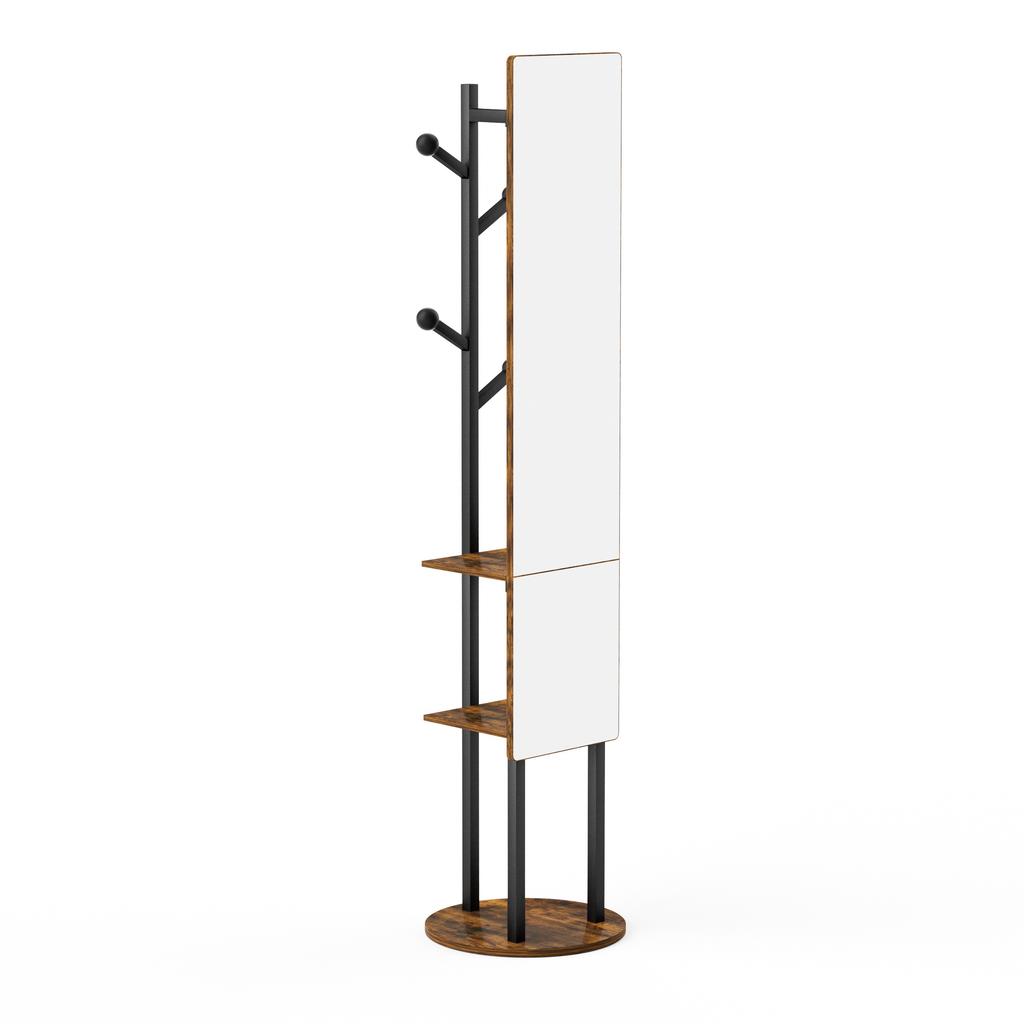 Full-Length Mirror Coat Rack with Storage, 360 Degree Rotatable Clothes Rack, Coat Rack with Hooks, 174*40 cm (Vintage Brown)