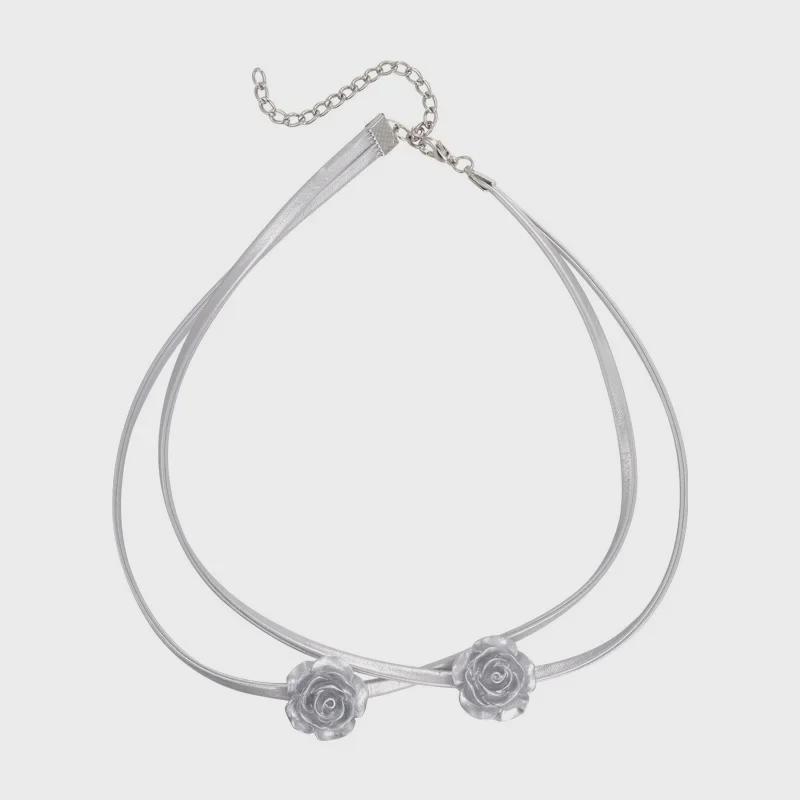 Двухслойный колье из серебристой кожи с розовым оттенком - сладкое холодное ожерелье на ключицу для женщин