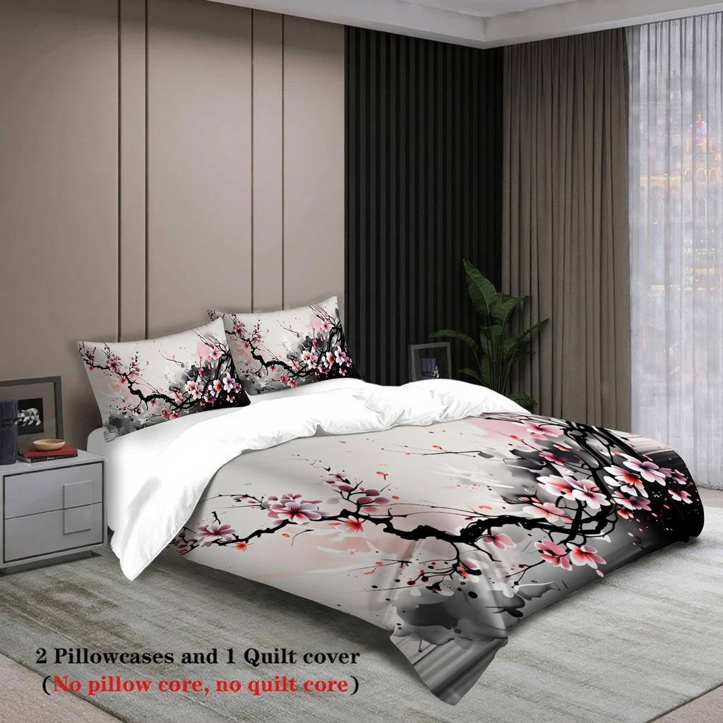 3pcs Cherry Blossom Bedding Sets 3D Printed Pink And Black Floral Pattern Duvet Cover Sets With Pillowcases No Filling For Adult