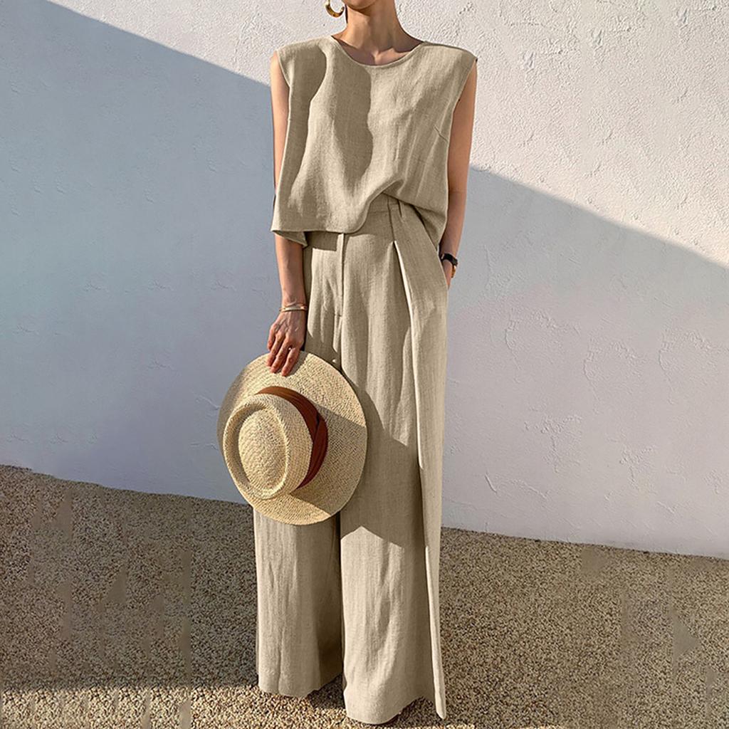 Fashion Women's Casual Sleeveless Pullover Cotton Linen Wide Leg Pants Solid Color Suit