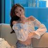 Slash Neck Sexy Off Shoulder Women's Short Top Pure Desire T-shirt Crop Top High Waisted Navel Exposed Puff Sleeve Korean Fashion Spring Autumn
