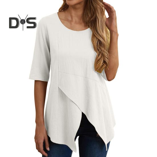 Женские топы с круглым вырезом, коротким рукавом, неровным подолом, свободный крой, однотонная повседневная футболка, повседневная одежда