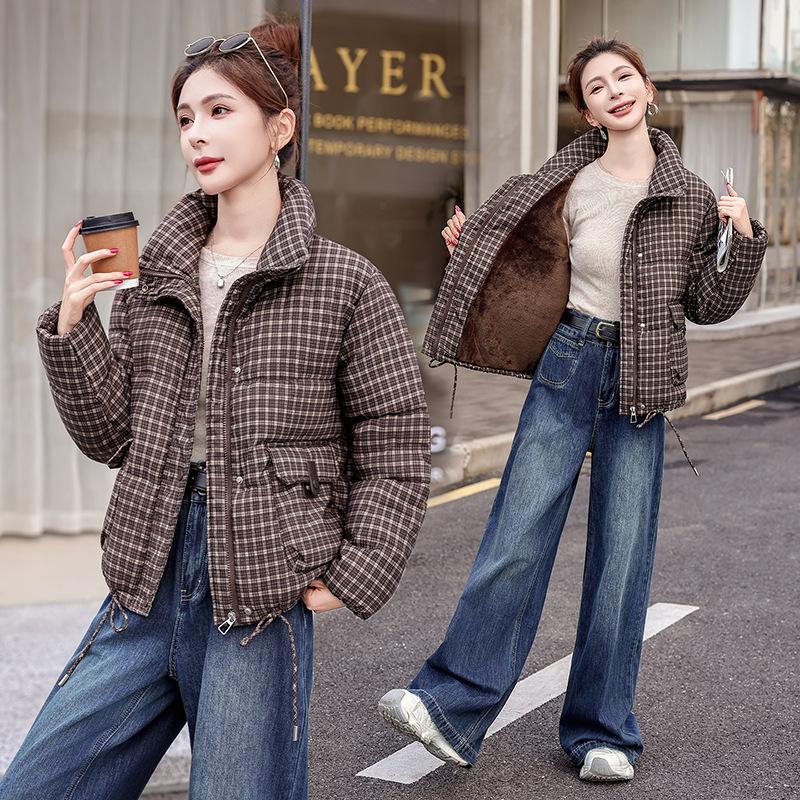 American plaid stand-up collar short down cotton clothes women's winter fashion small warm bread clothes jacket tide