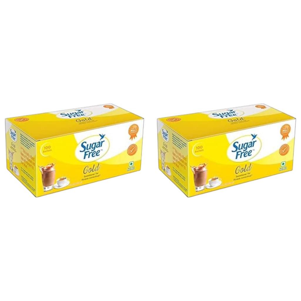 Sugar Free Gold Sweetener Sachets 100 | Low Calorie Sugar Substitute for Beverages & Desserts | Pack of 2
