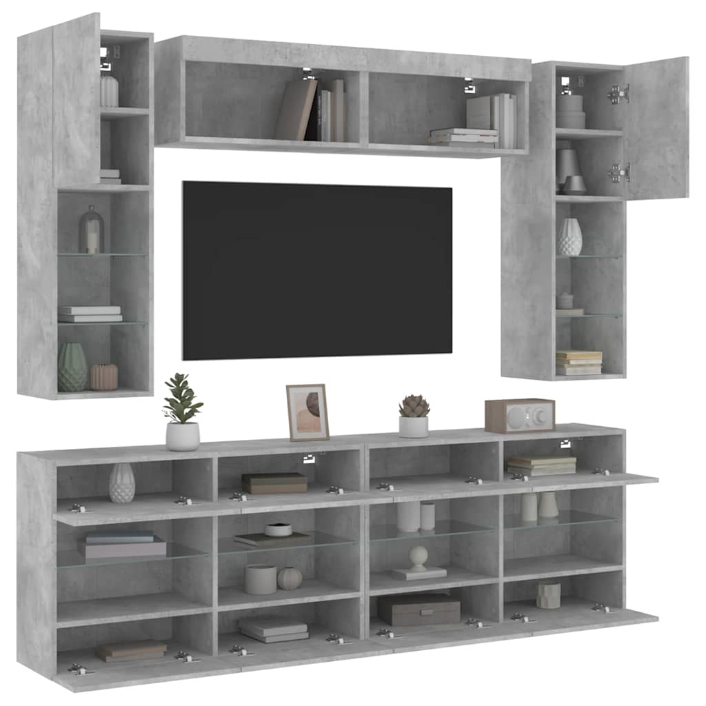 6 piece TV wall unit with LED lighting concrete grey