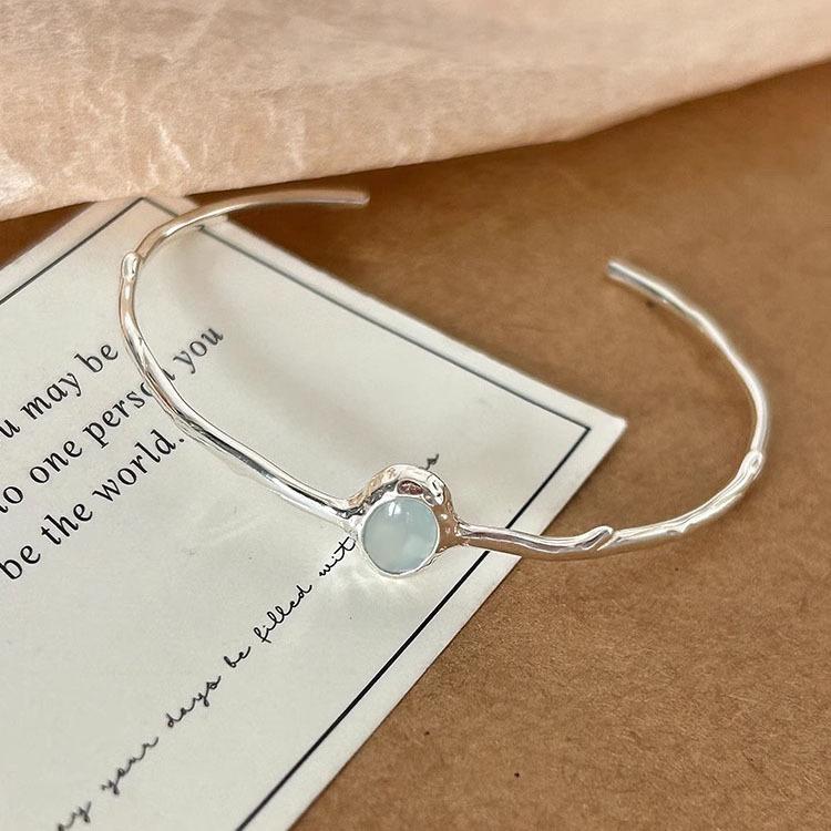 S925 Sterling Silver Aquamarine Irregular Bangle: Cool Minimalist Oval Bracelet for Women