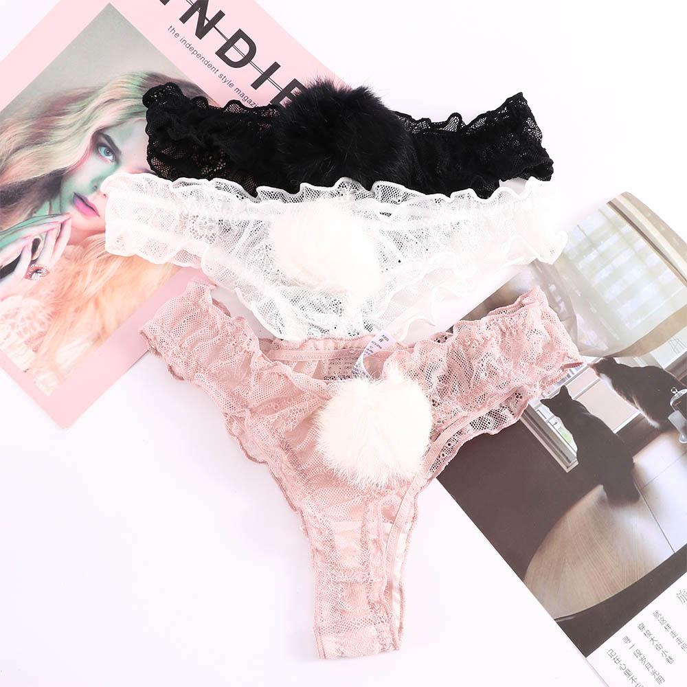 Transparent Plush Ball Low Waist Rabbit Tail Thong Panties Lace G-string