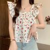 Summer New Loose Print Floral Casual Blouses Women Slim Fit Square Collar Flying Sleeve Women's Shirts Tops Elegant Vintage Female Clothing 26129
