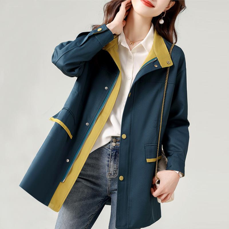 New Autumn Style Contrasting Color Waist-hugging To Make You Slim Commuting Simple and Versatile Mid-length Windbreaker