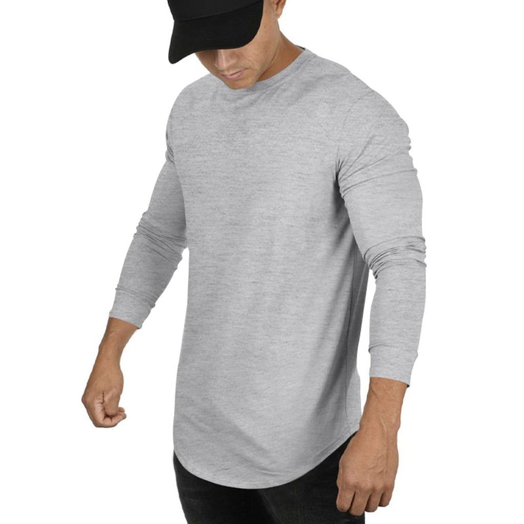 Мужская осенняя повседневная однотонная футболка с круглым вырезом и длинным рукавом