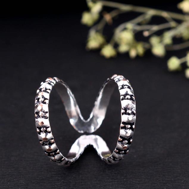 Handmade Oxidized Silver Double Band Ring – Adjustable Tribal Textured Splint Ring, Boho Vintage Statement Jewelry for Men & Women