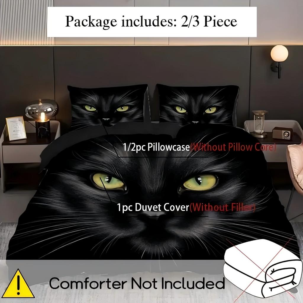 Cartoon Black Cat Pupil 3D Printed Bedding Set Cute Animal Style Luxury Duvet Cover Soft Comfortable Home Polyester Quilt Cover